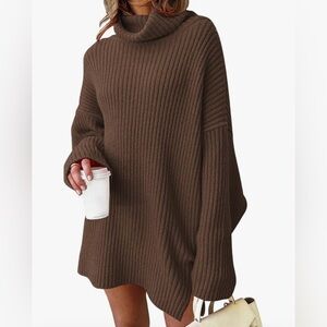Womens Turtleneck Oversized Long Batwing Sleeve Sweater Dress Brown Size Medium